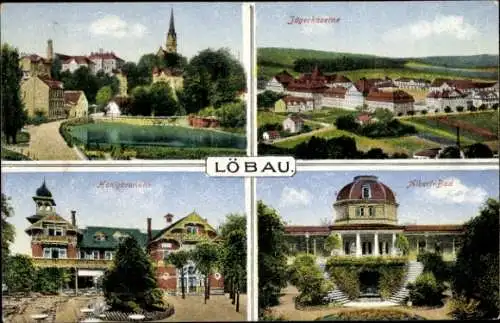 Ak Löbau in Sachsen, Totalansicht, Jägerkaserne, Königbrunnen, Albert-Bad