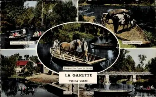 Ak La Garette Deux-Sèvres, Venise Verte, Hafen, Brücke, Transport d'un Cheval au Pocage