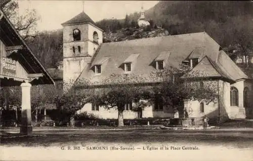 Ak Samoëns Haute Savoie, Kirche, Place Centrale