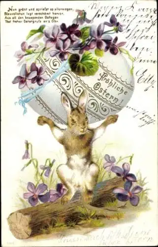 Litho Glückwunsch Ostern, Hase trägt großes Osterei, Veilchen