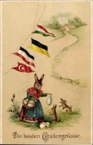 Ak Glückwunsch Ostern, Osterhasin mit Ostereiern, Hasenkinder, Fahnen, Türkei, Italien, Österreich