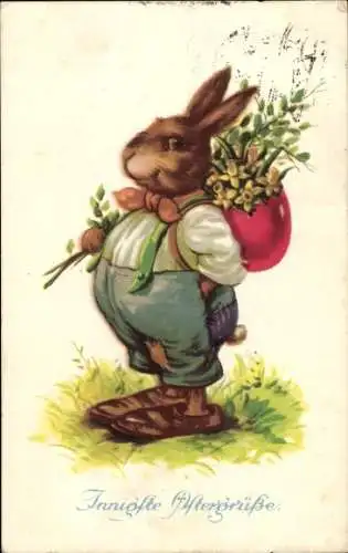 Ak Glückwunsch Ostern, Osterhase mit Blumen, Amag 0187