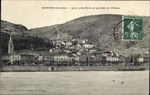 Ak Serrieres Ardèche, Quai Jules Roche, Schlossviertel, Kirchturm