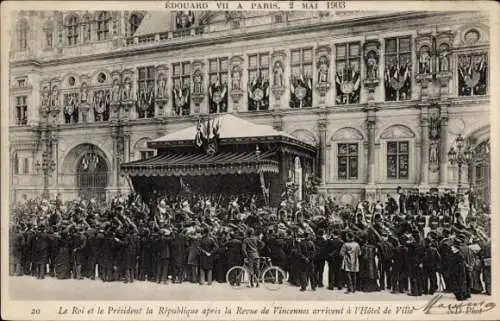 Ak König Eduard VII und der französische President kommen am Rathaus an