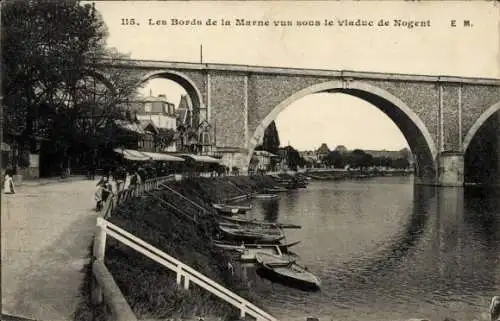 Ak Nogent sur Marne Val de Marne, Uferpromenade, Marne, Viadukt