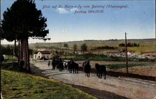 Ak Sainte Marie à Py Marne, Panorama, Blick vom Bahnhof (Champagne), Feldzug 1914/15/16