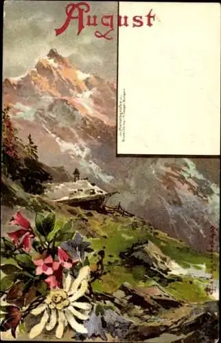 Künstler Litho Guggenberger, Monat August, Gebirgslandschaft, Bergblüten