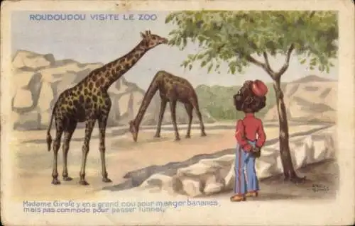 Die Künstler Ak Guinot, Raoul und Roudoudou besuchen den Zoo, um Bananen zu essen