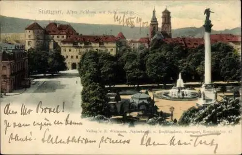 Ak Stuttgart in Württemberg, Schloss, Schlossplatz, Brunnen, Säule, Pavillon, Türme