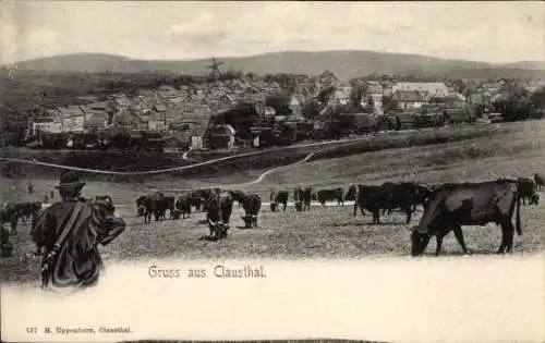 Ak Clausthal Zellerfeld im Oberharz, Gesamtansicht, Kühe