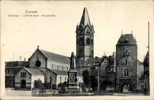 Ak Lutherstadt Eisenach in Thüringen, Karlsplatz, Lutherdenkmal, Nikolaikirche