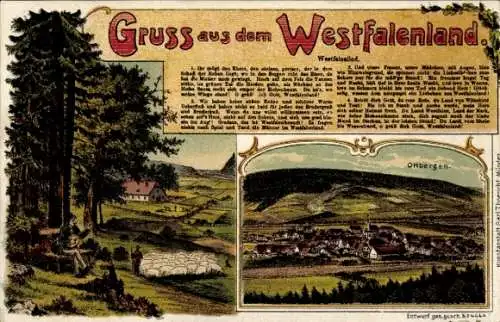 Litho Ottbergen Höxter in Nordrhein Westfalen, Gruß aus dem Westfalenland, Westfalenlied