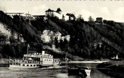 Ak Fürstenberg an der Weser, Dampfer, Ruderboot, Dampferanleger, Jagdschloss