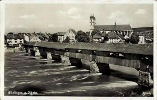 Ak Bad Säckingen am Hochrhein, Blick auf Brücke, Rhein, Kirche