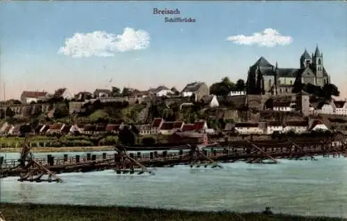 Ak Breisach am Oberrhein, Schiffbrücke, Kirche