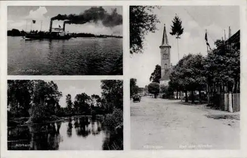 Ak Söllingen Pfinztal am Kraichgau, Dampfer auf dem Rhein, Altrhein, Kirche