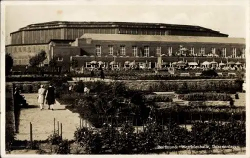 Ak Dortmund im Ruhrgebiet, Westfalenhalle, Rosenanlagen