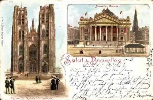 Ak Litho Brüssel Brüssel, Kirche Sainte Gudule, neue Börse