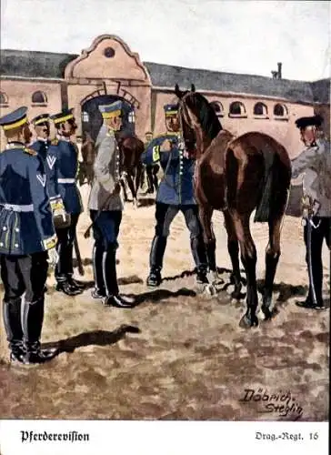 Künstler Ak Döbrich-Steglitz, Pferderevision, Deutsche Soldaten, Kaiserzeit, Dragoner-Rgt. 16