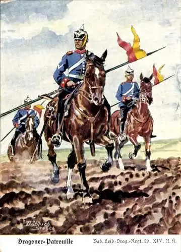 Künstler Ak Döbrich-Steglitz, Dragoner-Patrouille, Bad. Leib-Dragoner-Regiment 20