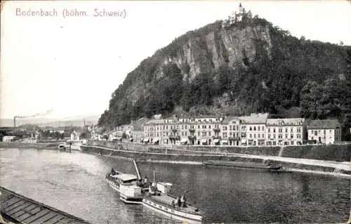 Ak Děčín Tetschen Bodenbach Elbe Reg. Aussig, Flusspartie, Dampfer, Blick auf den Ort