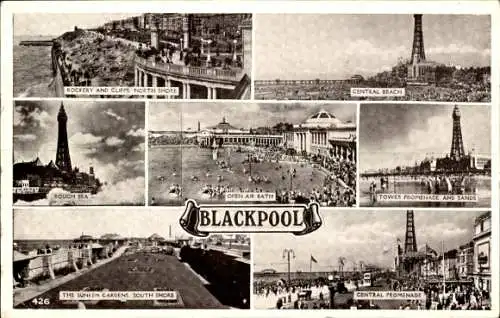 Ak Blackpool Lancashire England, Central Beach, Tower Promenade, Sands