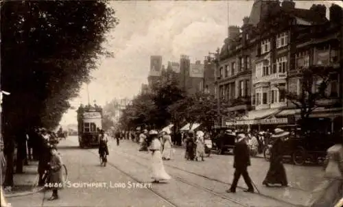 Ak Southport Merseyside England, Lord Street, Straßenbahn