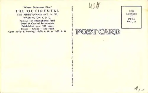 Ak Washington DC Das Occidental auf der berühmten Pennsylvania Avenue in der Nähe des Weißen Hauses