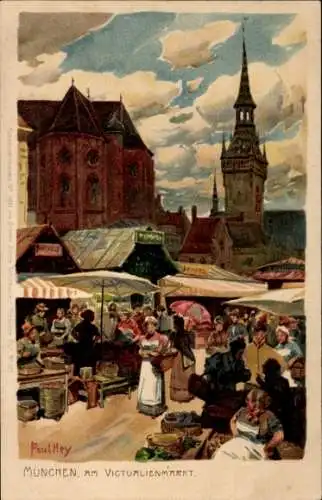 Künstler Litho Hey, Paul, München Bayern, Victualienmarkt mit Peterskirche