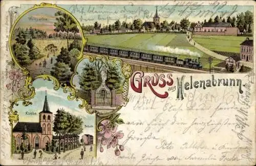 Litho Helenabrunn Viersen in Nordrhein Westfalen, Teilansicht, Eisenbahn, Wald, Kirche, Schule