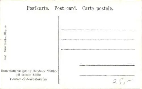 Ak Namibia Deutsch Südwestafrika, Hottentottenhäuptling Hendrick Wittboi mit seinem Stabe