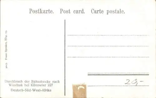 Ak Namibia Deutsch Südwestafrika, Durchbruch der Bahnstrecke nach Windhuk bei Kilometer 227