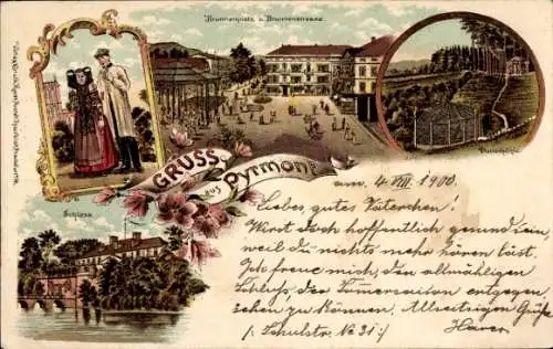 Litho Bad Pyrmont in Niedersachsen, Schloss, Brunnenplatz, Brunnenstraße, Paar in Trachten