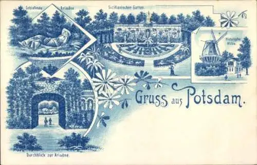 Litho Potsdam, Park Sanssouci, Sicilianischer Garten, Historische Mühle, Schlafende Ariadne