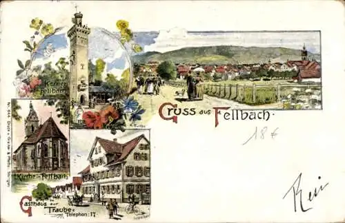 Künstler Litho Fuchs, Karl, Fellbach in Baden Württemberg, Kirche, Gasthaus zur Traube, Totale