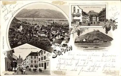 Litho Staufen im Breisgau, Gesamtansicht, Hauptstraße m. Schlossberg, Rathaus, Bahnhof, Stadtsee