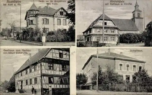 Ak Auenheim Kehl am Rhein, Hauptstraße, Villa Fuchs, Kirchplatz, Rathaus, Kirche, Schulhaus