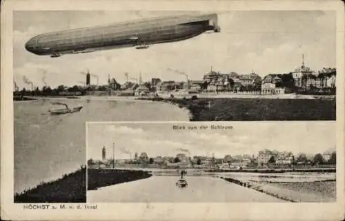 Ak Höchst Frankfurt am Main, Blick von der Schleuse, Zeppelin