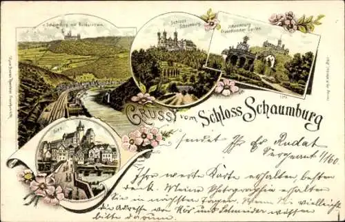 Litho Balduinstein an der Lahn, Schloss Schaumburg, Französischer Garten, Diez