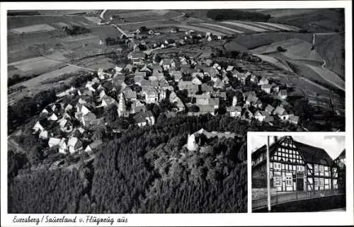 Ak Eversberg Meschede im Sauerland, Blick auf den Ort, Fliegeraufnahme, Gasthof