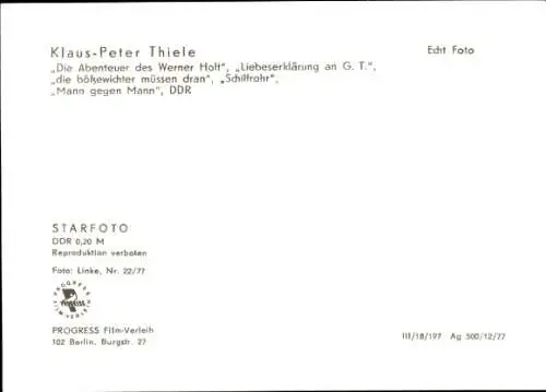 Ak Schauspieler Klaus Peter Thiele, Portrait, Die Abenteuer des Werner Holt