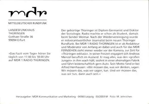 Ak Moderator Andreas Menzel, Portrait, mdr, Autogramm