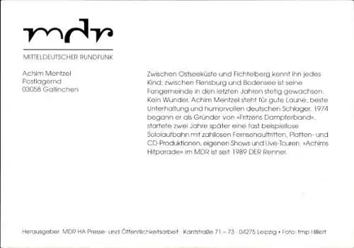 Ak Moderator Achim Mentzel, Portrait, mdr, Autogramm