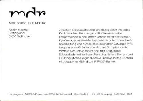Ak Moderator Achim Mentzel, Portrait, mdr, Autogramm