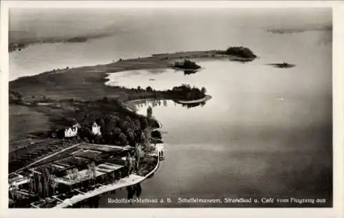 Ak Radolfzell Mettnau am Bodensee, Fliegeraufnahme, Scheffelmuseum, Strandbad, Cafe