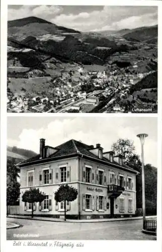 Ak Zell im Wiesental, Fliegeraufnahme, Bahnhof-Hotel