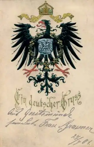 Präge Wappen Litho Ein deutscher Gruß, Adler, Krone