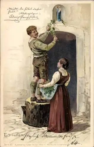 Künstler Litho Döcker, E., Mann und Frau in Trachten, Marienbild, Ludwig Ganghofer