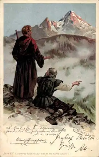 Künstler Litho Döcker, E., Geistliche, Wanderer, Bergspitzen