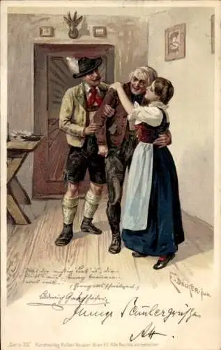 Künstler Litho Döcker, E, Paar in Trachten, Besuch beim Vater, Ludwig Ganghofer